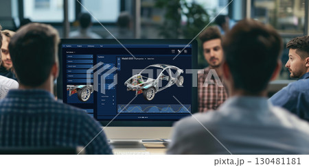 Electric car design software on computer screen show simulation blueprint brisk 130481181