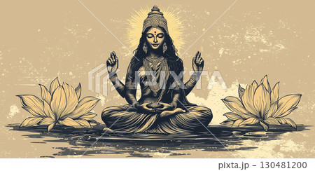Lakshmi with stylized facial features, simple crown and flowing sari 130481200