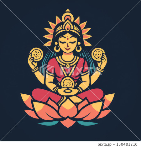 Goddess Lakshmi sitting on a lotus flower, holding gold coins, vibrant traditional colors 130481210