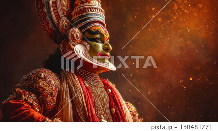 Traditional Kathakali dancer in full makeup and costume performing during Onam festivities 130481771