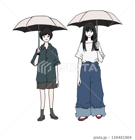 日傘を差して立っているふたりの女性（col） 130481904