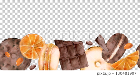 Watercolor citrus and truffle macarons, chocolate bar pieces, orange slices. Isolated hand painted seamless illustration for endless banners, kitchen fabric borders, food branding, sticker sheets. 130481907
