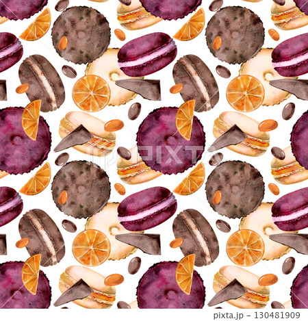 Watercolor macarons with crushed dark chocolate candy bonbons, citrus slices on orange whoopie pies. Hand painted isolated dessert for seamless pattern, wrapping paper, culinary backdrops, textile. Watercolor macarons with crushed dark chocolate candy bonbons, citrus slices on orange whoopie pies. Hand painted isolated dessert for seamless pattern, wrapping paper, culinary backdrops, textile. 130481909