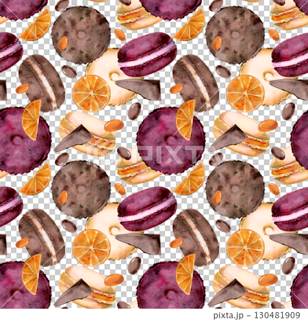 Watercolor macarons with crushed dark chocolate candy bonbons, citrus slices on orange whoopie pies. Hand painted isolated dessert for seamless pattern, wrapping paper, culinary backdrops, textile. Watercolor macarons with crushed dark chocolate candy bonbons, citrus slices on orange whoopie pies. Hand painted isolated dessert for seamless pattern, wrapping paper, culinary backdrops, textile. 130481909