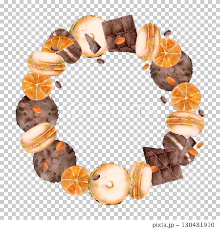 Juicy orange slices with whoopie pies, cream filled macarons, mousse meringue buns with chocolate coated bonbon candy. Hand painted watercolor wreath illustration. Culinary frame, party menu layouts 130481910