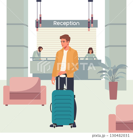 Man with suitcase in hotel lobby waiting for reception service. Travel and accommodation concept Man with suitcase in hotel lobby waiting for reception service. Travel and accommodation concept 130482031
