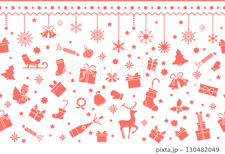 Christmas pattern background with red holiday icons including gifts, decorations, and reindeer Christmas pattern background with red holiday icons including gifts, decorations, and reindeer 130482049