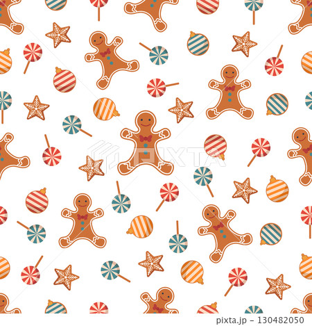 Christmas gingerbread cookies and ornaments seamless pattern on white background Christmas gingerbread cookies and ornaments seamless pattern on white background 130482050