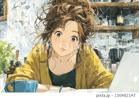 美優シリーズ：若い女性がカフェでノートPCを使って生成AIアートを作成しているシーン 130482147