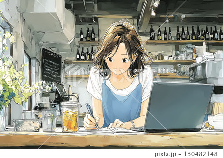 若い女性がカフェでノートPCを使って生成AIアートを作成しているシーン 130482148