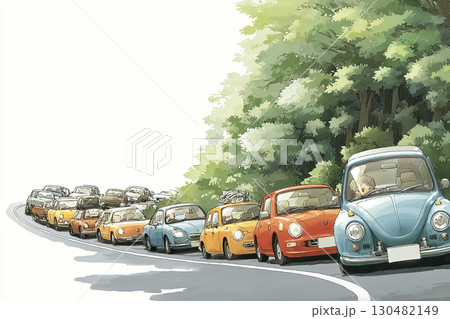 カーブ手前でゆっくり進む複数の車 130482149