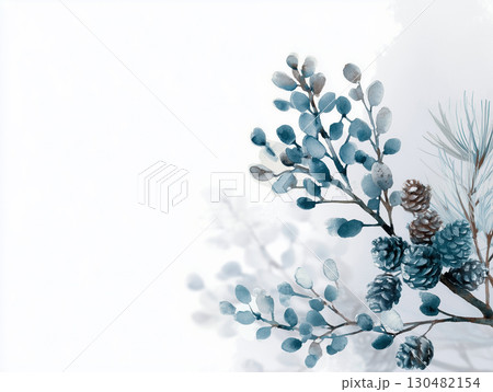 淡い青とグレーの葉と花が描かれたエレガントな背景デザイン 130482154