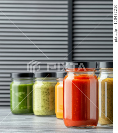 Variety glass jars filled with different spicy pepper sauces fermentation, background 130482216