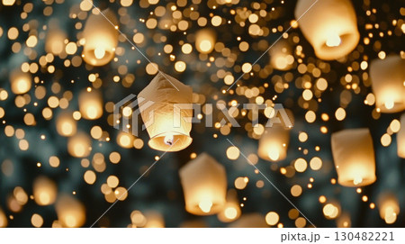Yi Peng lanterns floating in night sky during Loi Krathong festival, background 130482221