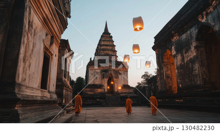 Monks walk in temple with floating lanterns during Yi Peng festival, evening ambiance 130482230