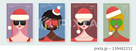 Christmas girls vector poster set, diverse female characters in Santa hats and sunglasses, modern flat design, holiday party invitation, creative social media stories, banners, fashion, celebration 130482252
