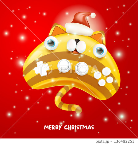 Cute cat gamepad cartoon character vector illustration, striped kitty character wearing a Santa hat, Merry Christmas holiday greeting design, stickers, labels, cards and celebration banners Cute cat gamepad cartoon character vector illustration, striped kitty character wearing a Santa hat, Merry Christmas holiday greeting design, stickers, labels, cards and celebration banners 130482253