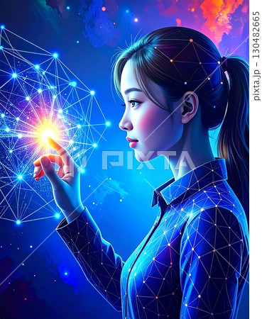 Tech Innovator: A visionary tech professional, deeply engrossed in an intricate network, is at the forefront of technological evolution. She's engaging with cutting-edge technology. 130482665