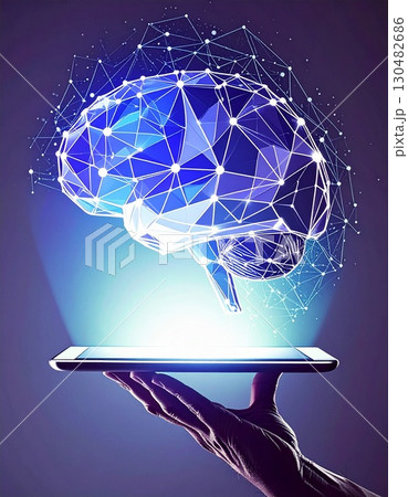 Digital Brain Innovation: A hand gracefully holds a digital tablet, from which a luminous, intricately designed brain composed of interconnected nodes and lines emerges. Digital Brain Innovation: A hand gracefully holds a digital tablet, from which a luminous, intricately designed brain composed of interconnected nodes and lines emerges. 130482686