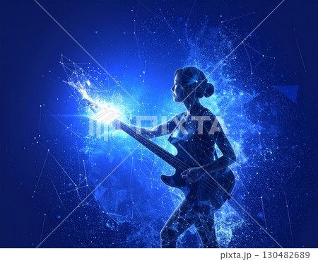 Neon Bassist: A musician, illuminated by neon, immersed in the musical world. This image blends futuristic aesthetics with the passion for music, creating a captivating scene. Neon Bassist: A musician, illuminated by neon, immersed in the musical world. This image blends futuristic aesthetics with the passion for music, creating a captivating scene. 130482689