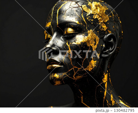 A woman with a dark skin tone is depicted with striking golden cracks across her face and body, creating a unique and artistic visual. This image evokes a sense of transformation and resilience. A woman with a dark skin tone is depicted with striking golden cracks across her face and body, creating a unique and artistic visual. This image evokes a sense of transformation and resilience. 130482795