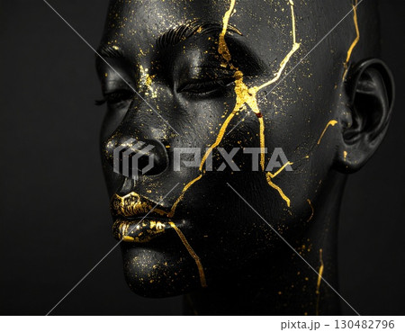 A woman with a dark skin tone is depicted with striking golden cracks across her face and body, creating a unique and artistic visual. This image evokes a sense of transformation and resilience. 130482796