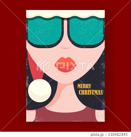 Cool Christmas girl vector illustration, female character in Santa hat and stylish sunglasses, retro pop art design festive holiday card, creative social media graphic, stickers, labels, party banner 130482845