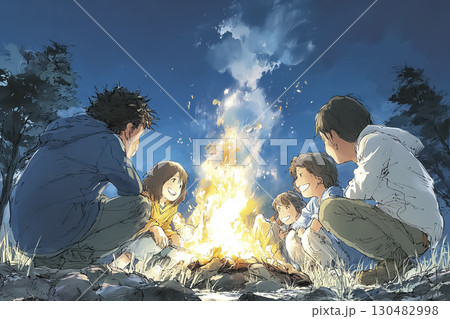 秋の夜、家族で焚き火を囲むシーン  130482998