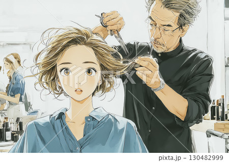 美優シリーズ：美容院で髪を切る女性 130482999