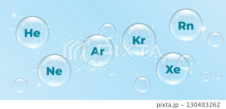 Noble gases helium, neon, argon, krypton, xenon and radon presented as vector concept with bubbles and icon on blue background. Ideal for education and science design Noble gases helium, neon, argon, krypton, xenon and radon presented as vector concept with bubbles and icon on blue background. Ideal for education and science design 130483262