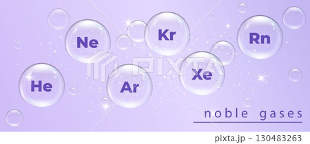 Illustration Showing Noble Gases Symbols Floating in Transparent Bubbles on a Purple Background. Illustration Showing Noble Gases Symbols Floating in Transparent Bubbles on a Purple Background. 130483263