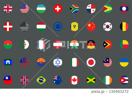 National Round Flags 40 countries isolated on gray background. 130483272
