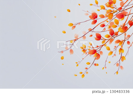 舞い落ちる秋の葉と枝の背景|静けさを感じるミニマルな季節デザイン 舞い落ちる秋の葉と枝の背景|静けさを感じるミニマルな季節デザイン 130483336