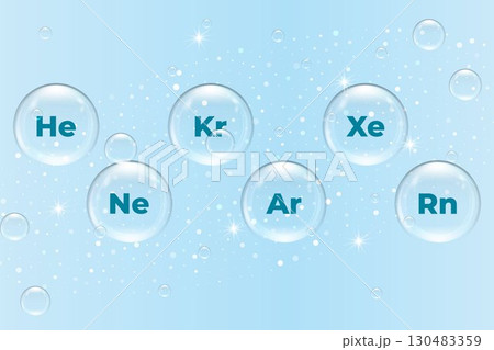 Noble gases helium, neon, argon, krypton, xenon and radon in floating bubbles on light blue background. Vector science concept icon for chemistry and education 130483359
