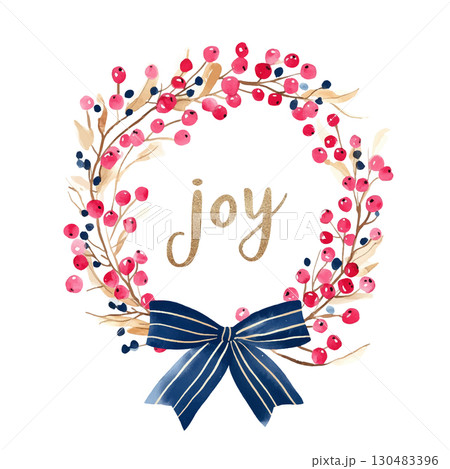 Watercolor painting of red and pink berries on brown branches in a wreath with a blue striped bow 130483396