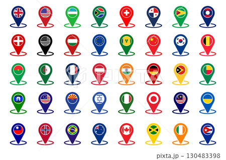 Map Pointer Markers Icons with National Flags 40 Countries Flags on white background. 130483398