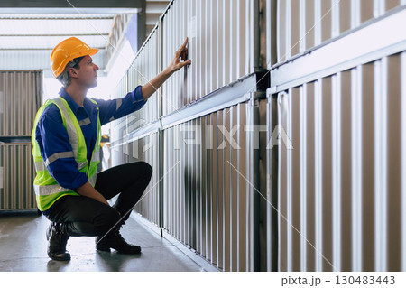 caucasian male professional warehouse worker working check stock inventory supply in warehouse caucasian male professional warehouse worker working check stock inventory supply in warehouse 130483443