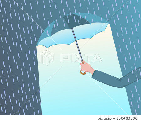 Hand with umbrella under rain dry space beneath. 130483500