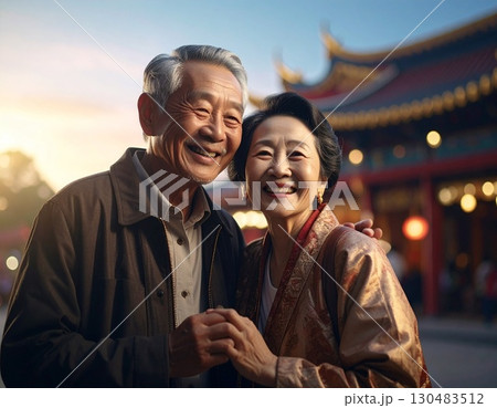 Elderly couple embraced happily smiling in front of temple at sunset 130483512