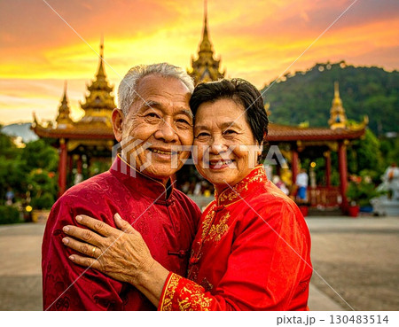 Elderly couple embraced happily smiling in front of temple at sunset 130483514