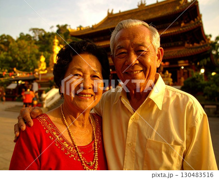 Elderly couple embraced happily smiling in front of temple at sunset Elderly couple embraced happily smiling in front of temple at sunset 130483516