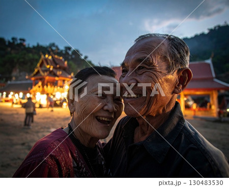 Elderly couple embraced happily smiling in front of temple at sunset 130483530