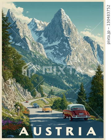 A picturesque view of a winding road in the Austrian Alps showcases vintage cars driving through lush green trees and vibrant flowers against the backdrop of towering snow-capped mountains. 130483752