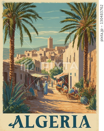 A vibrant village street in Algeria features traditional architecture complemented by tall palm trees. People engage in daily activities under a clear blue sky, showcasing local culture and lifestyle. A vibrant village street in Algeria features traditional architecture complemented by tall palm trees. People engage in daily activities under a clear blue sky, showcasing local culture and lifestyle. 130483762