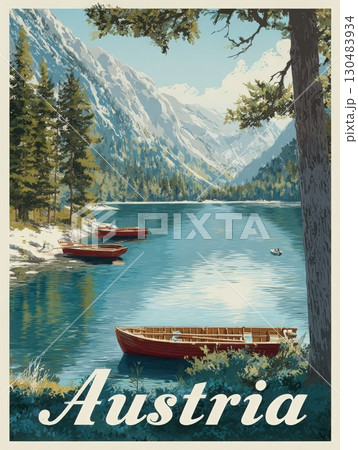 A serene lake reflects the majestic mountains of Austria, with evergreen trees lining the shore. Wooden boats are moored along the waters edge, creating a peaceful atmosphere. 130483934