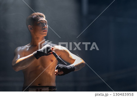 Thai boxing, Portrait muay thai fighter, Young man boxer, kick boxing male ,Asian martial arts 130483958