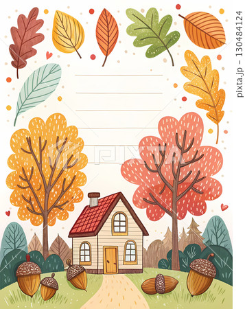 A charming house stands amid colorful autumn trees and scattered leaves, creating a warm atmosphere 130484124