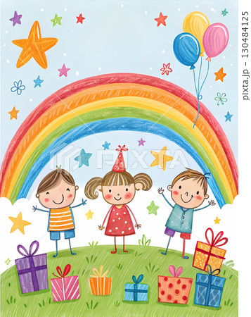 Three cheerful children play together in a grassy field, surrounded by gifts and a colorful rainbow 130484125