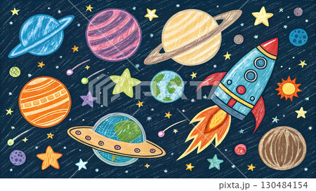 A playful rocket soars through planets and stars, igniting kids' imaginations for space A playful rocket soars through planets and stars, igniting kids' imaginations for space 130484154