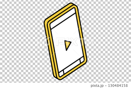 オンライン学習、動画再生ボタンとスマホのシンプルなアイソメトリック線画イラスト 130484158